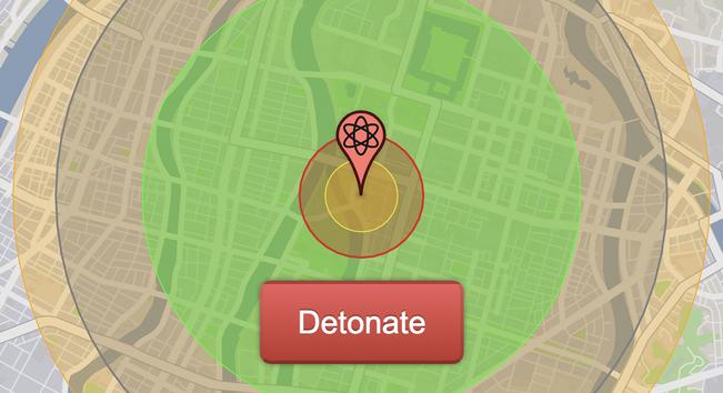 An icon with a schematic atom on it, superimposed on a city map, with rings indicating the effects of nuclear weapons. A red button labeled DETONATE is prominent.