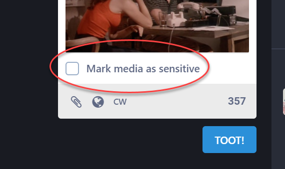 Screenshot of Mastodon showing location of sensitive image warning toggle located at the botom of a photo that is about to be shared