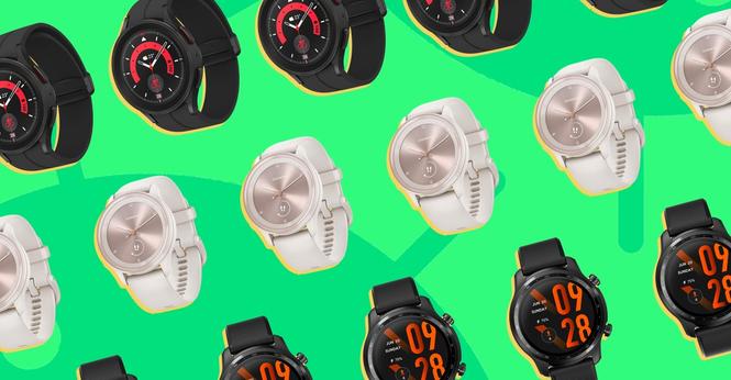 Renders of various Android-compatible smartwatches on a green background