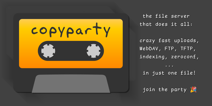 Portable file server with accelerated resumable uploads, dedup, WebDAV, FTP, TFTP, zeroconf, media indexer, thumbnails++ all in one file, no deps - 9001/copyparty Portable file server with accelerated resumable uploads, dedup, WebDAV, FTP, TFTP, zeroconf, media indexer, thumbnails++ all in one file, no deps - 9001/copyparty