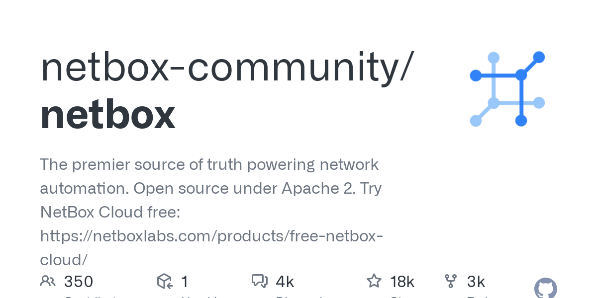 The premier source of truth powering network automation. Open source under Apache 2. Try NetBox Cloud free: https://netboxlabs.com/products/free-netbox-cloud/ - netbox-community/netbox