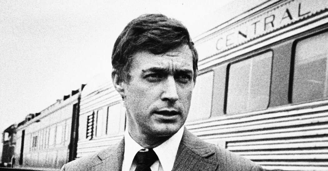Timothy Mellon outside an inspection train during a property tour in 1981.