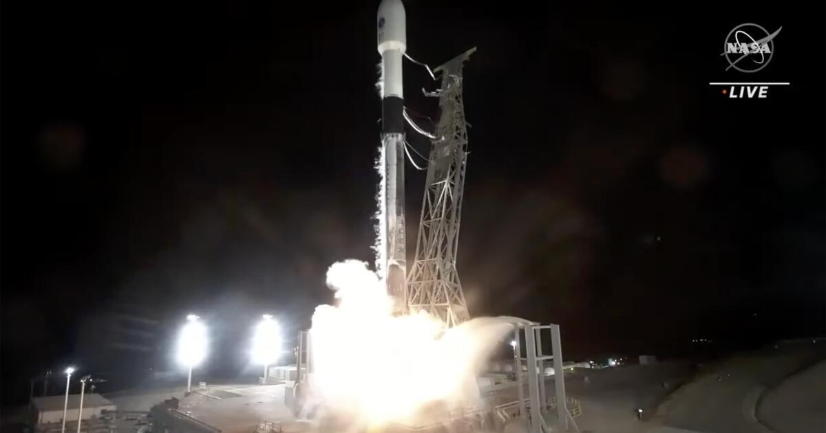 In this image made from video provided by NASA, a SpaceX rocket carrying the Surface Water and Ocean Topography satellite lifts off from Vandenberg Space Force Base in California, Friday, Dec. 16, 2022. (NASA via AP)