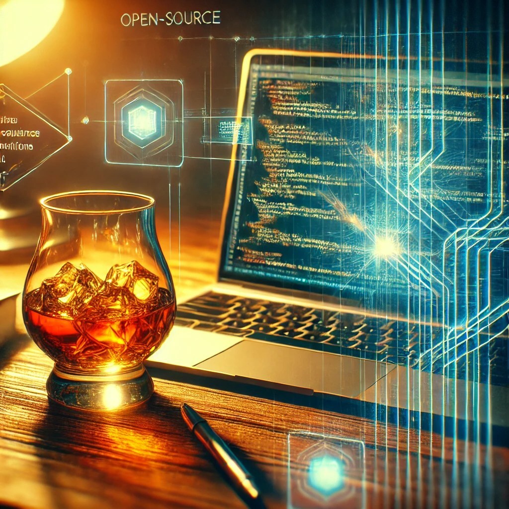A generated image of a glass of bourbon on a wooden desk, with a laptop, and the words Open Source in the background