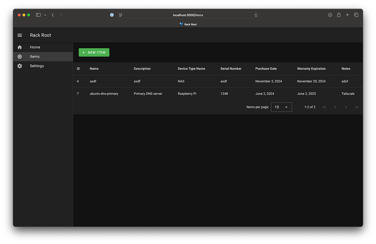 Screenshot from my home lab inventory web app showing 2 devices in a table