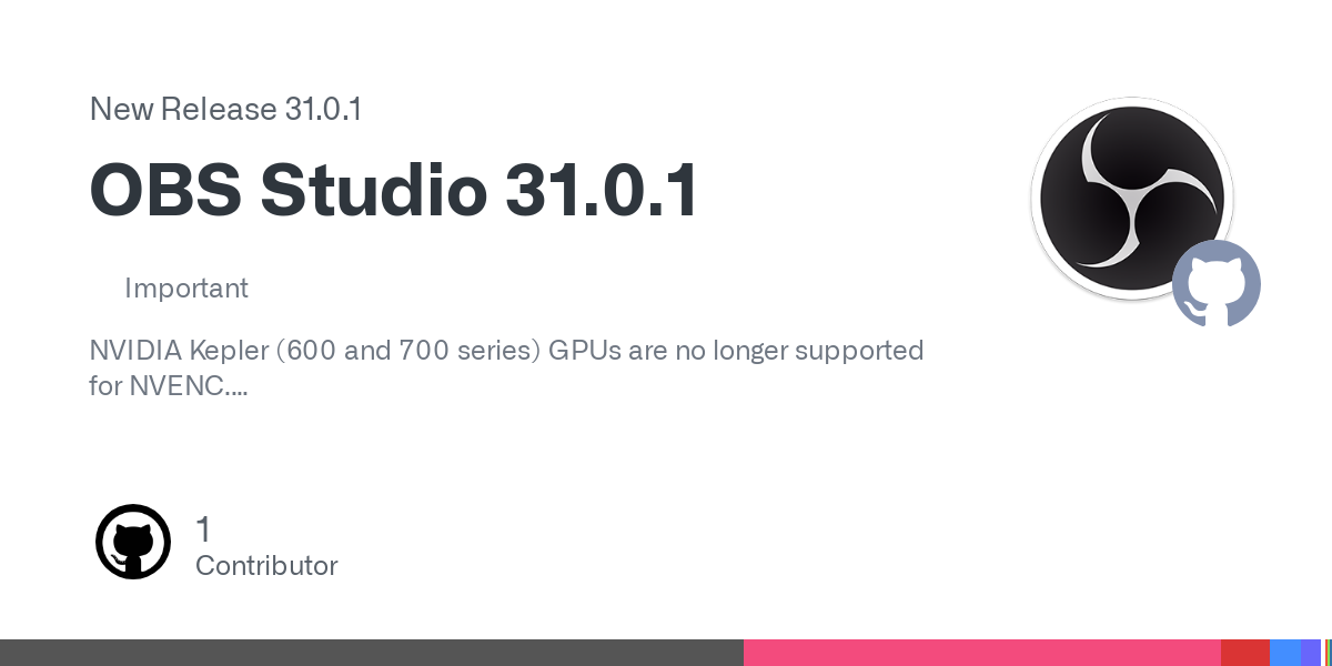 ImportantNVIDIA Kepler (600 and 700 series) GPUs are no longer supported for NVENC.

NoteNVIDIA users may need to update their GPU drivers to 551.76 (Windows) / 550.54.14 (Linux) or newer.

Importa...