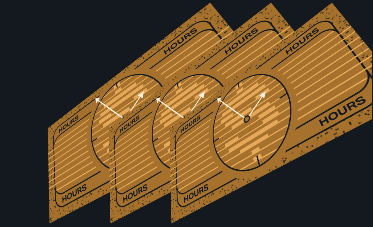A stylized clock face with lines representing hours, arrows indicating time progress, and a bold "HOURS" text in a vintage style.