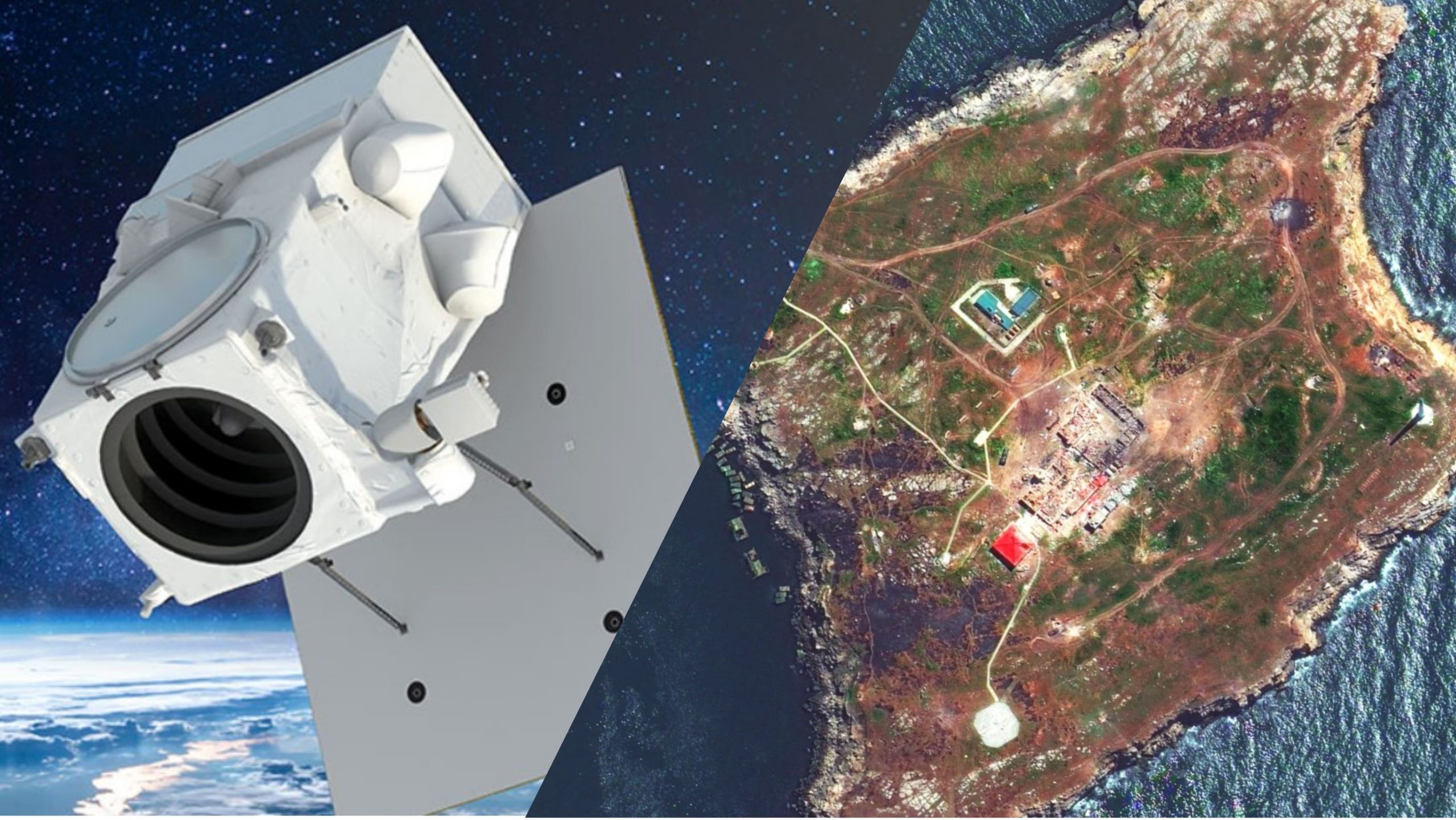 Illustration of a Maxar satellite and Ukraine’s Zmiinyi Island in the Black Sea on 12 May 2022. | Image: Maxar Technologies. Collage: Militarnyi