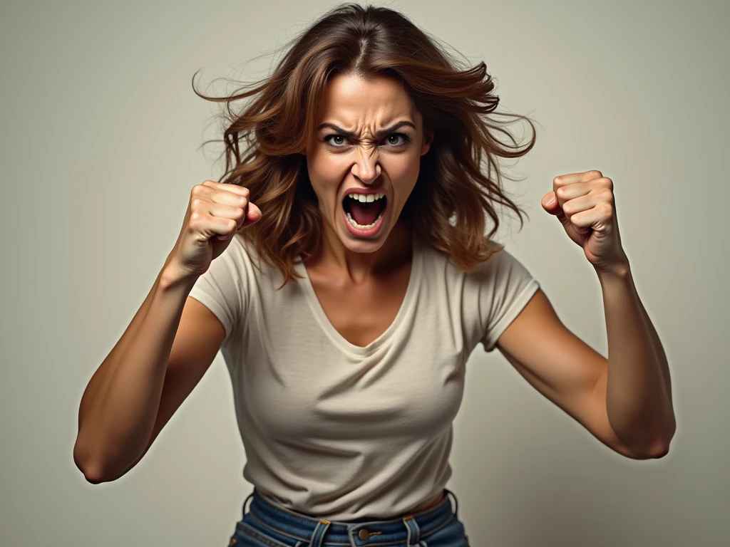 Une femme crie en serrant les poings, exprimant une forte émotion ou frustration avec les colis vinted