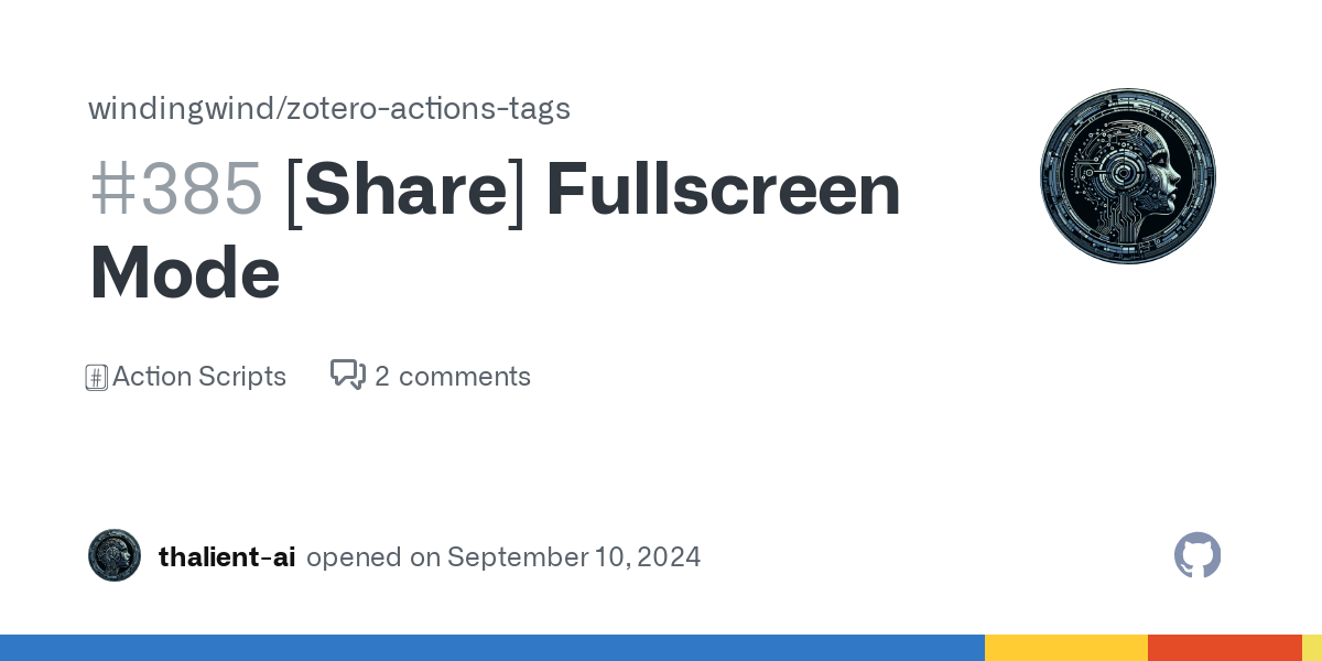 Description This script, when triggered, will hide/unhide the toolbars and resize Zotero into Fullscreen mode. Default Fullscreen Event None Operation Script Data /** * This script toggles Fullscre...