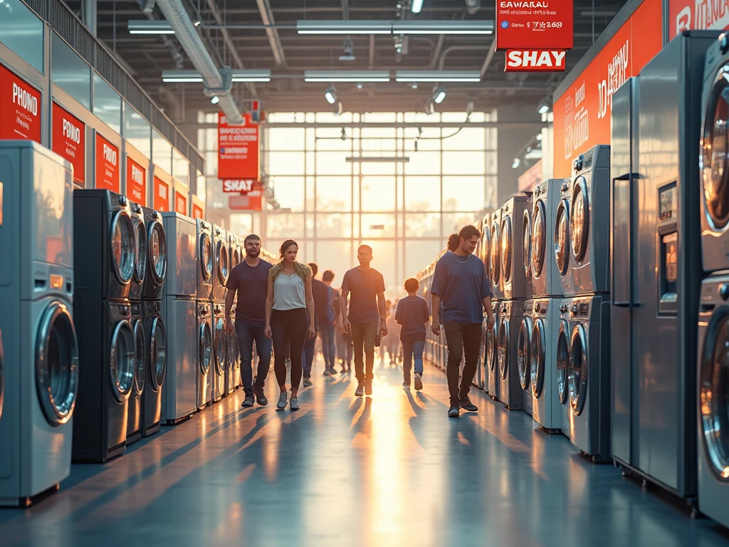 Personnes marchant dans un grand magasin, entourées de machines à laver, illustrant des conseils d'achats malins.
