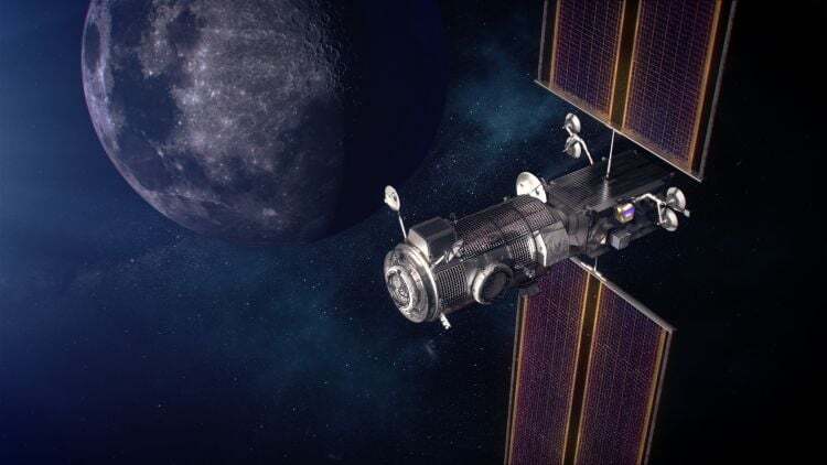 Artist's impression of the Lunar Gateway Habitation and Logistics Outpost (HALO) attached to the module Power and Propulsion Element (PPE). (Credit: NASA)
