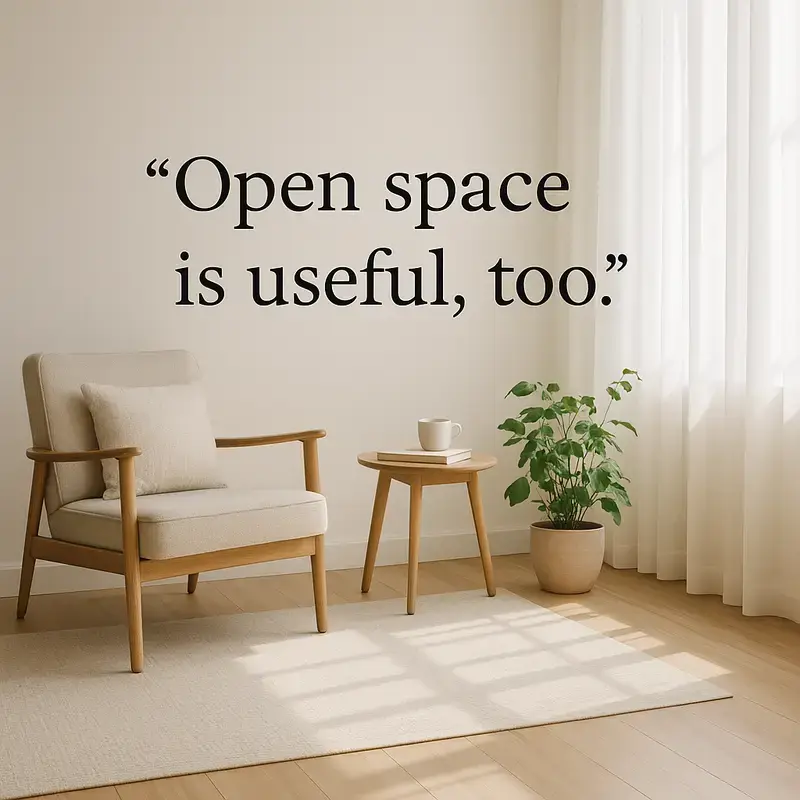 Image created by ChatGPT of a portion of a minimalist room with a chair, small table, plant with text 'Open space is useful too'