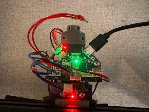 the back of my xol toolhead showing the H36 board with a couple LEDs lit indicating power and that it is currently in CAN mode.