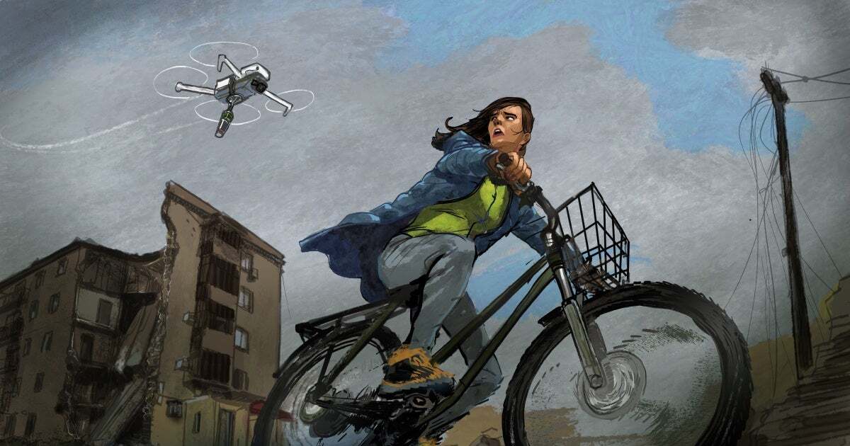 Illustration of a drone following a woman on a bike through a destroyed city