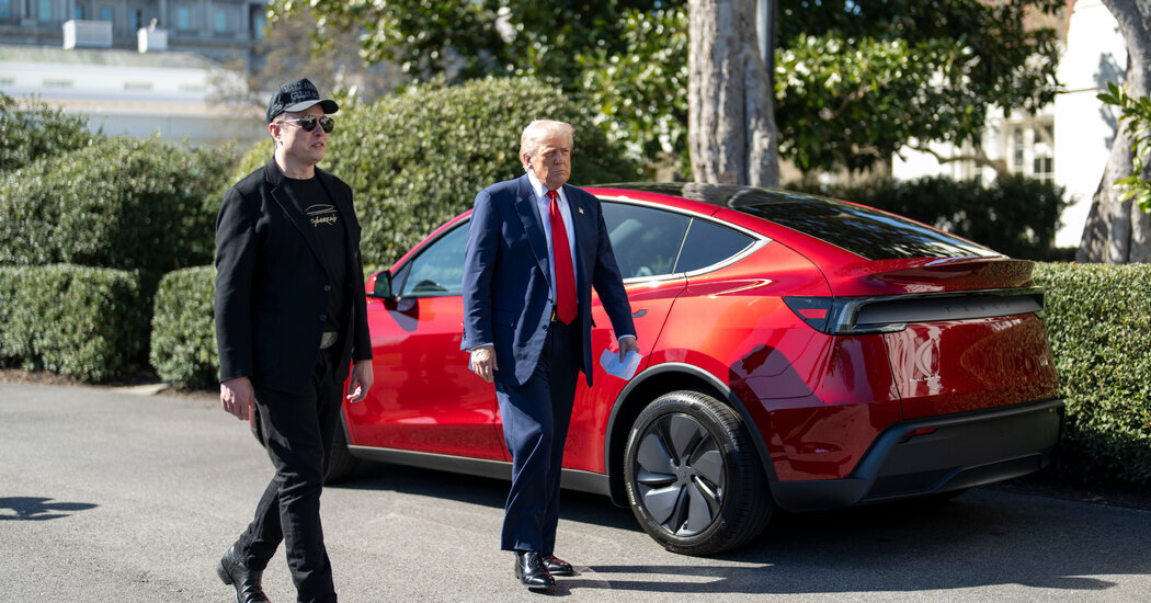President Trump and Elon Musk with a new Tesla at the White House in March. Mr. Trump’s domestic policy bill, which removed tax credits for electric vehicles, angered Mr. Musk.