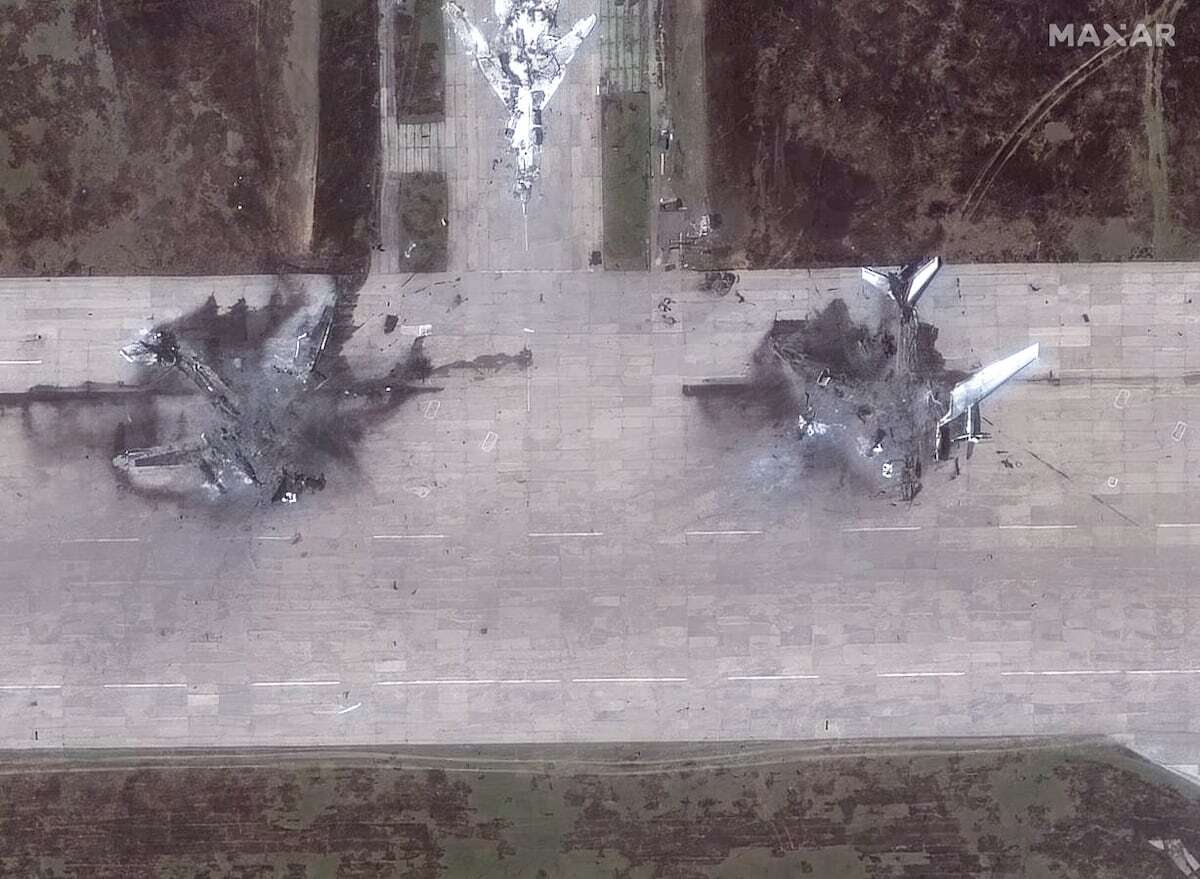 Satellite image captured by Maxar on 4 June shows the destruction of two Tu95MS aircraft on the Russian Belaya air base. | Image: Maxar Technologies