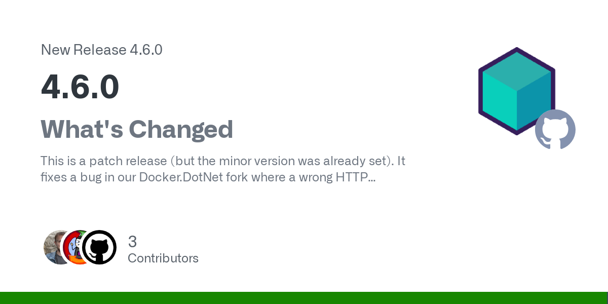 What's Changed
This is a patch release (but the minor version was already set). It fixes a bug in our Docker.DotNet fork where a wrong HTTP Connection header break Podman and possibly other environ...