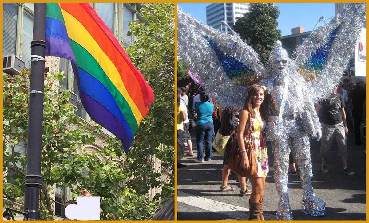 Photo on left: rainbow flag hanging in front of green shrubbery. Photo on right: a woman in a white flowered dress standing next to a shimmery silver creature at a Pride Celebration.