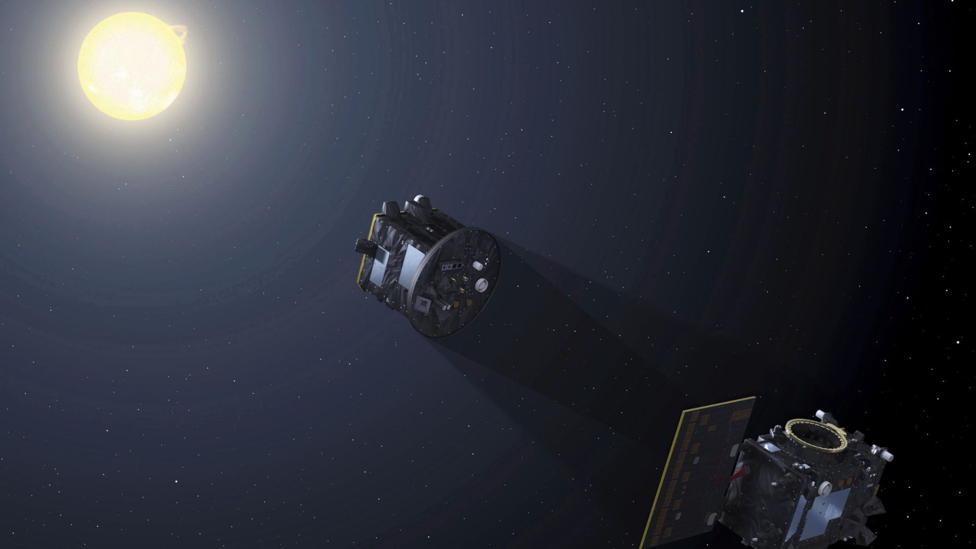 This image provided by the European Space Agency depicts the two spacecraft of the Proba-3 mission aligning to create an eclipse to capture a coronagraph in space. | Copyright AP Photo