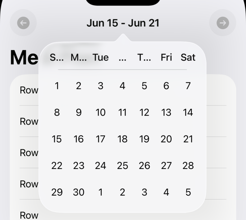 A popover showing a calendar where the date headers ("Mon", "Tue", etc) are truncated.
