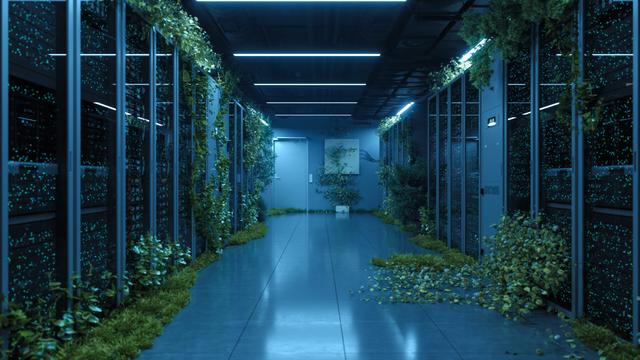A futuristic data facility blending artificial and organic elements, illustrating the need for eco-friendly solutions in the tech industry.