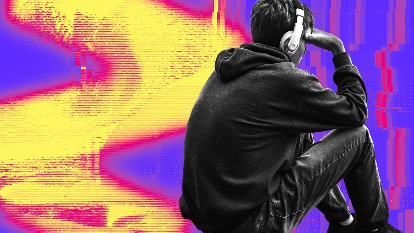 Illustration of a young man sitting with his head resting on his hand with a abstract glitchy pattern in the background.


