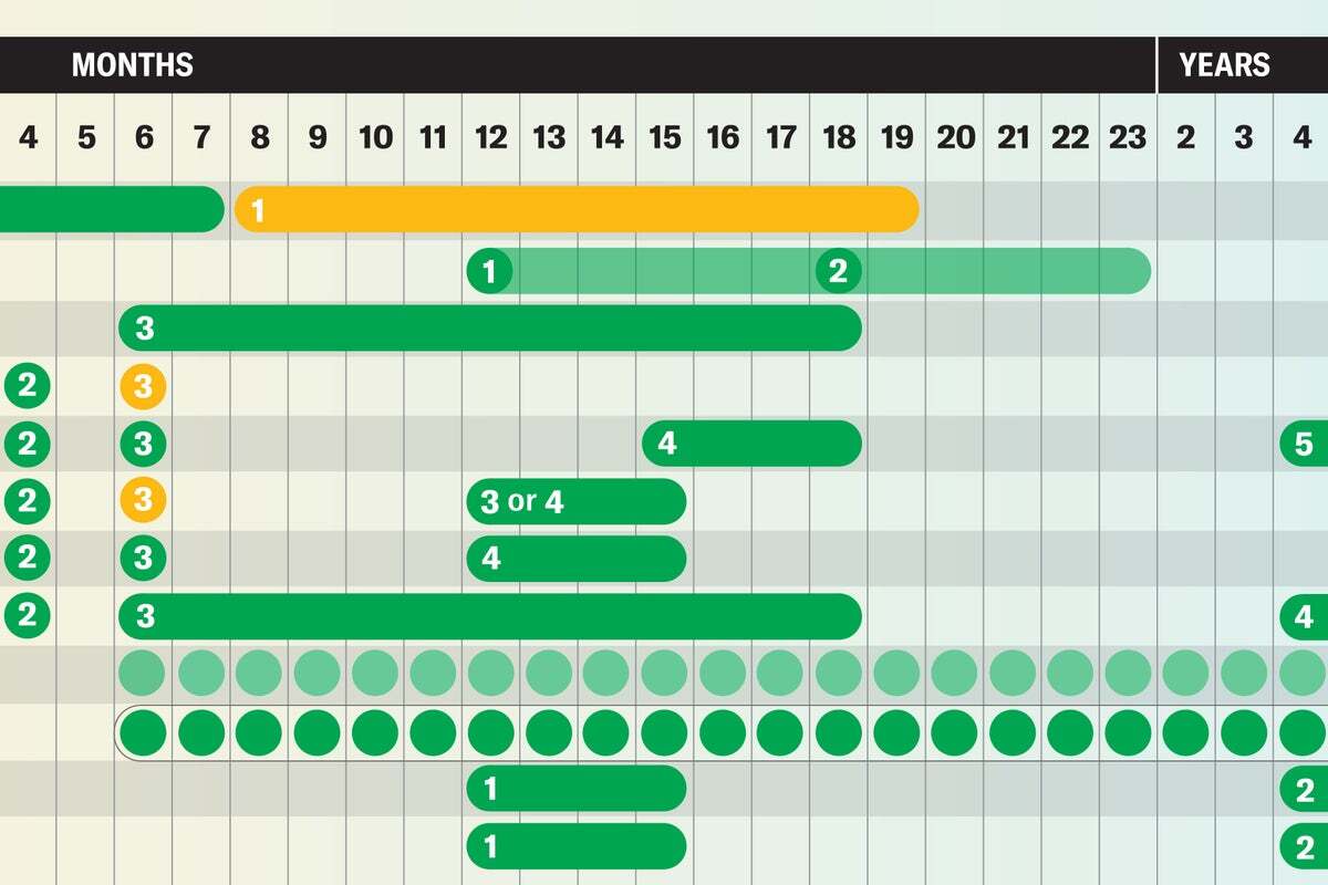 Detail of a table of recommended immunizations for individuals from birth through age six, per the U.S. Advisory Committee on Immunization Practices as of November 22, 2024. Detail of a table of recommended immunizations for individuals from birth through age six, per the U.S. Advisory Committee on Immunization Practices as of November 22, 2024.
