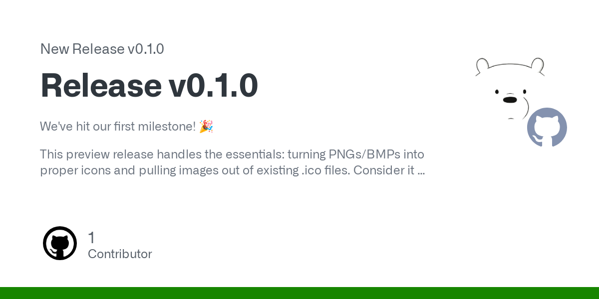 We've hit our first milestone! 🎉
This preview release handles the essentials: turning PNGs/BMPs into proper icons and pulling images out of existing .ico files. Consider it a solid foundation for w...