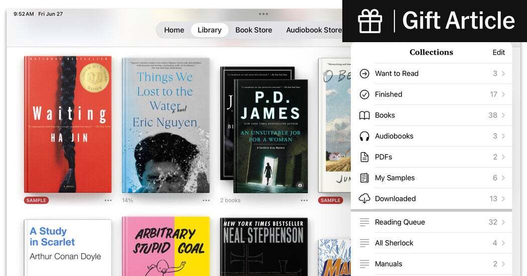 An image of the Apple Books library screen with a menu for sorting the titles.