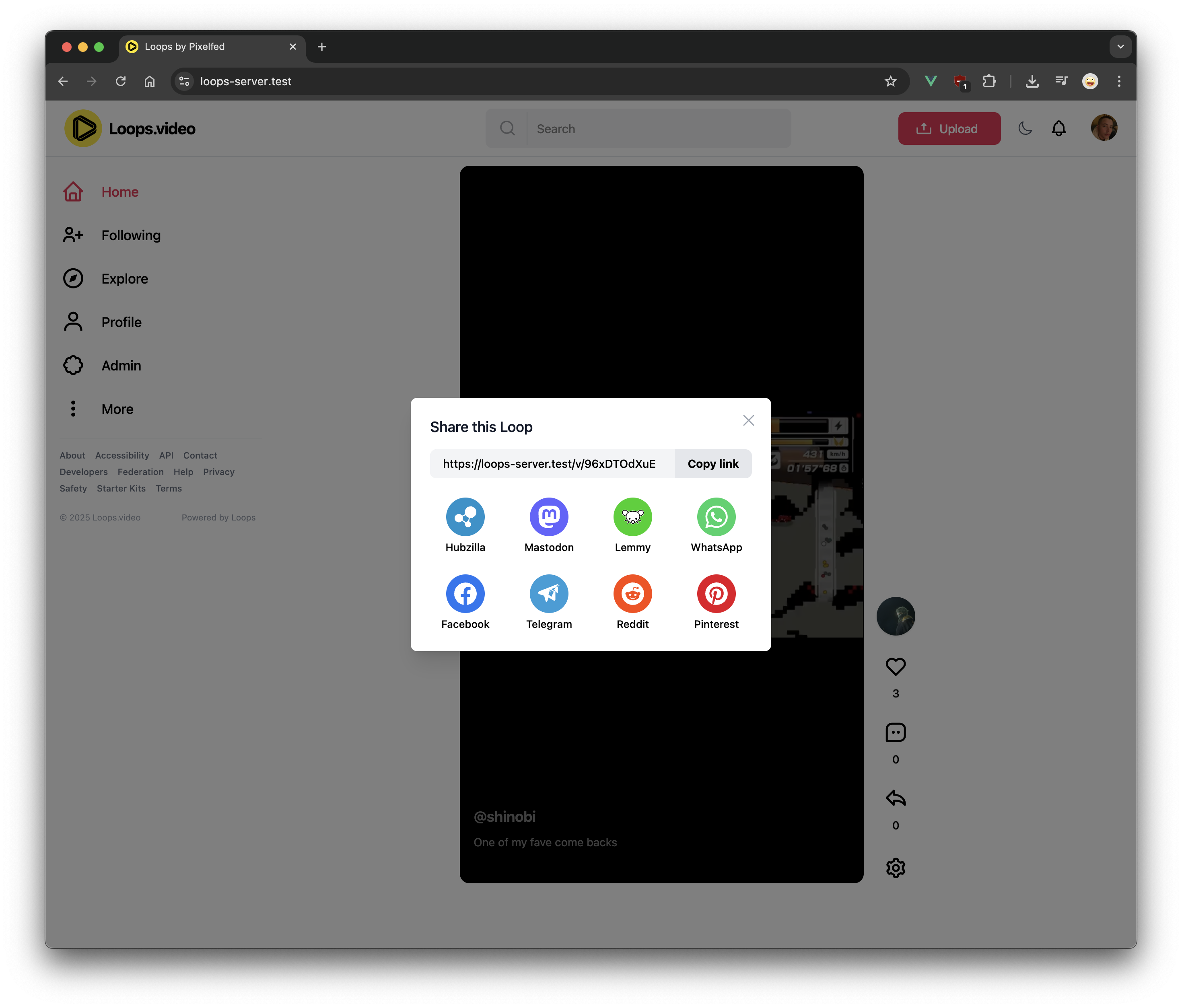 Loops screenshot of the share feature