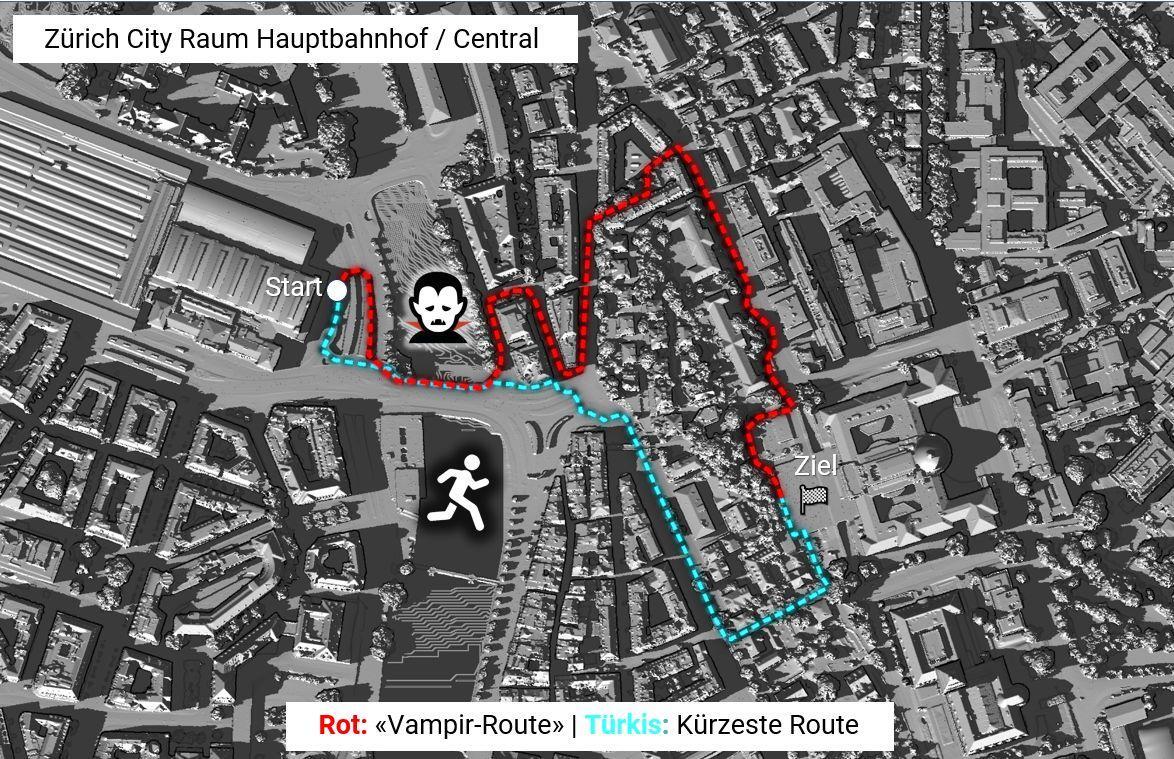 The usual, shortest route compared to the “vampire route” from Zurich main station to the Polyterrasse at ETH