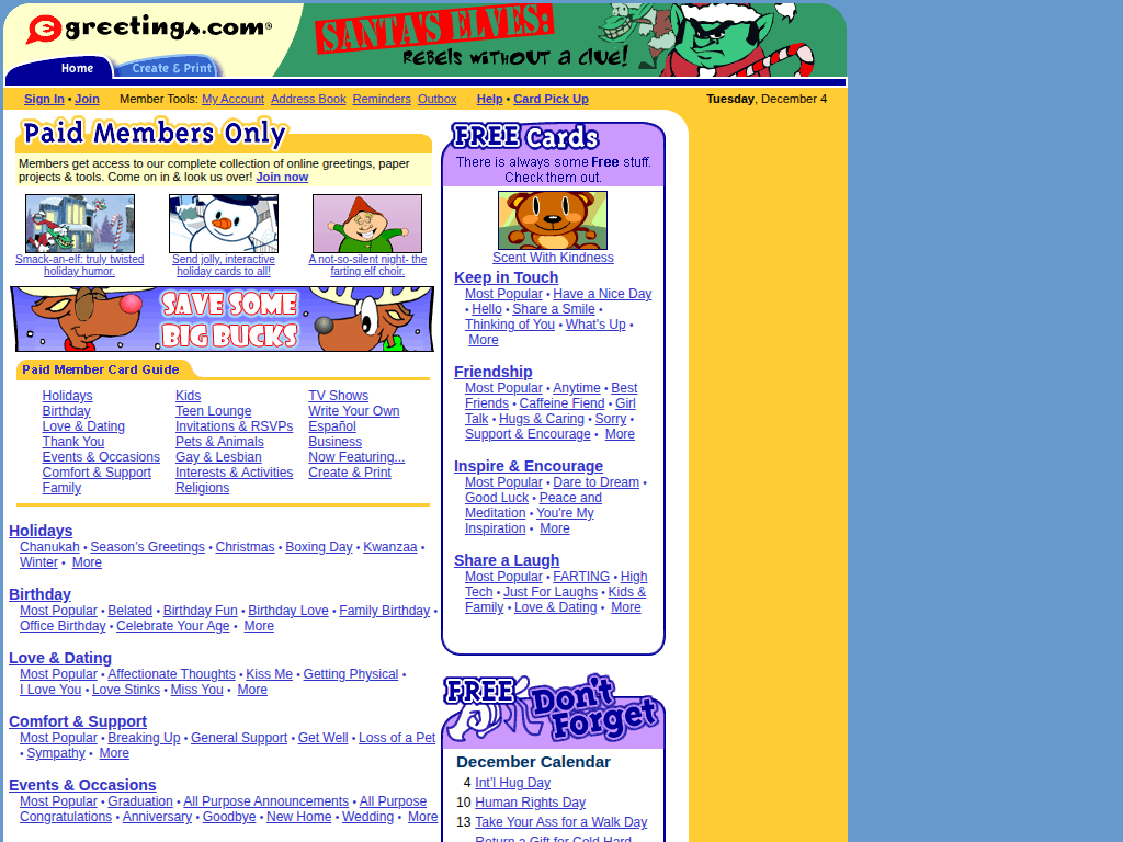 Screenshot of egreetings.com on December 04, 2001