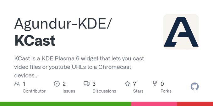 KCast is a KDE Plasma 6 widget that lets you cast video files or youtube URLs to a Chromecast devices in your local network. It supports device discovery, local media playback via an embedded HTTP ...