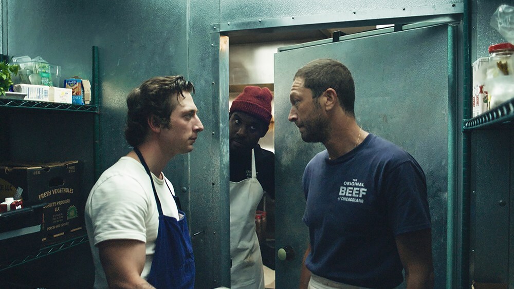 THE BEAR -- Pictured: (l-r) Jeremy Allen White as Carmen 'Carmy' Berzatto, Lionel Boyce as Marcus, Ebon Moss-Bachrach as  Richard 'Richie' Jerimovich. CR: FX
