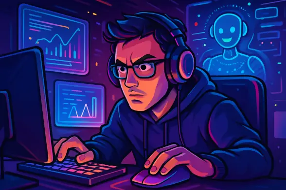Boost Productivity with AI Gamification! - Engaging and colorful depiction of a gamer focusing intensely while multitasking with futuristic AI tools