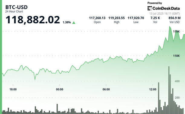 Bitcoin rose 1.38% to $118,882 in the past 24 hours
