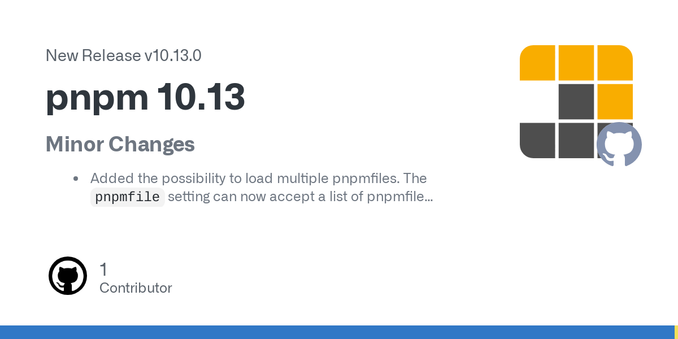 Minor Changes


Added the possibility to load multiple pnpmfiles. The pnpmfile setting can now accept a list of pnpmfile locations #9702.


pnpm will now automatically load the pnpmfile.cjs file fr...