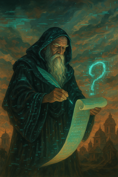 A hooded wizard-like figure with a long white beard writes on a glowing scroll with a digital quill, surrounded by glitch-like teal light. Behind him, stormy skies and silhouetted towers loom, while a large glowing question mark floats ominously in the air. The scene blends fantasy with digital surrealism, evoking the mysterious First Compiler from The Walnut Prophecy.