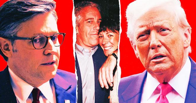 A photo illustration of House Speaker Mike Johnson, Jeffrey Epstein, Ghislaine Maxwell, and President Donald Trump.