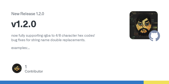 now fully supporting rgba to 4/8 character hex codes!
bug fixes for string name double replacements.
examples:
color:rgb(255,0,0) => color:red
background:aliceblue => background:#f0f8ff
border:1px ...