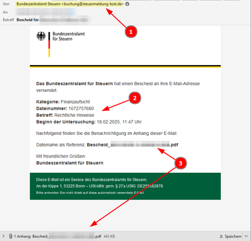 Screenshot von der gefälschten, betrügerischen Mail mit dem Titel: "Das Bundeszentralamt für Steuern hat einen Bescheid an Ihre E-Mail-Adresse versendet".