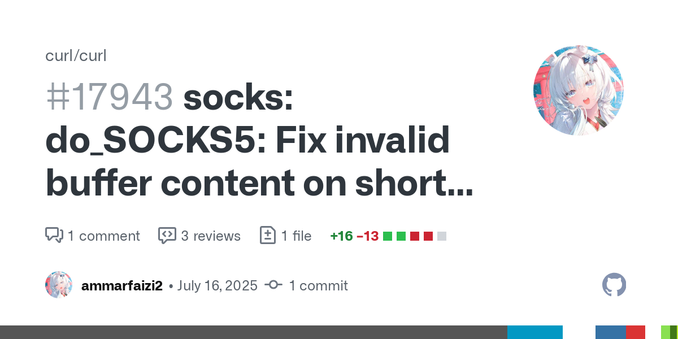 Ahmad Gani intercepts the sendto syscall to simulate short send, but
curl incorrectly handles it. It keeps resending the version:
  sendto(4, &quot;\x05&quot;, 1, MSG_NOSIGNAL, NULL, 0) = 1
  sendt...