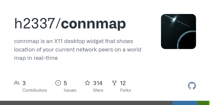 connmap is an X11 desktop widget that shows location of your current network peers on a world map in real-time - h2337/connmap