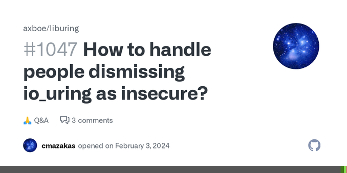 I'm working on, from what I can tell, the most sophisticated open-source io_uring runtime and every time I try to shill it, developers will simply scoff at io_uring, saying, "isn't io_uring horribl... I'm working on, from what I can tell, the most sophisticated open-source io_uring runtime and every time I try to shill it, developers will simply scoff at io_uring, saying, "isn't io_uring horribl...