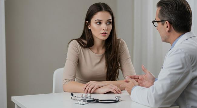 Jeune femme discutant du risque cancer pilule contraceptive avec son médecin, une plaquette de pilule et un stéthoscope posés sur le bureau.