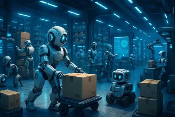 Revolutionizing Warehouses with Automation - Futuristic warehouse bustling with robots and tech Revolutionizing Warehouses with Automation - Futuristic warehouse bustling with robots and tech