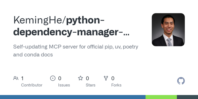 Self-updating MCP server for official pip, uv, poetry and conda docs - KemingHe/python-dependency-manager-companion-mcp-server