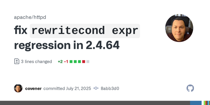   *) SECURITY: CVE-2025-54090: Apache HTTP Server: &#39;RewriteCond expr&#39;
     always evaluates to true in 2.4.64 (cve.mitre.org)
     A bug in Apache HTTP Server 2.4.64 results in all &quot;Re...