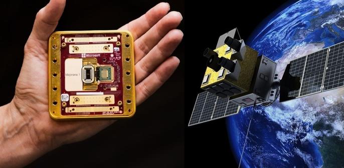 Combonation image of hand holding quantum chip and satellite in orbit